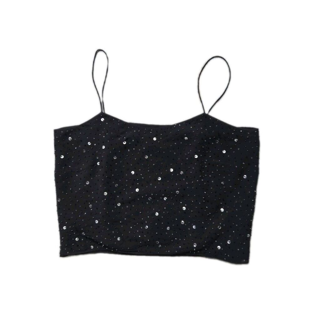 Ann Taylor Black 100% Silk Sequin Beaded Spaghetti Strap Cami Top Sz 8 GUC